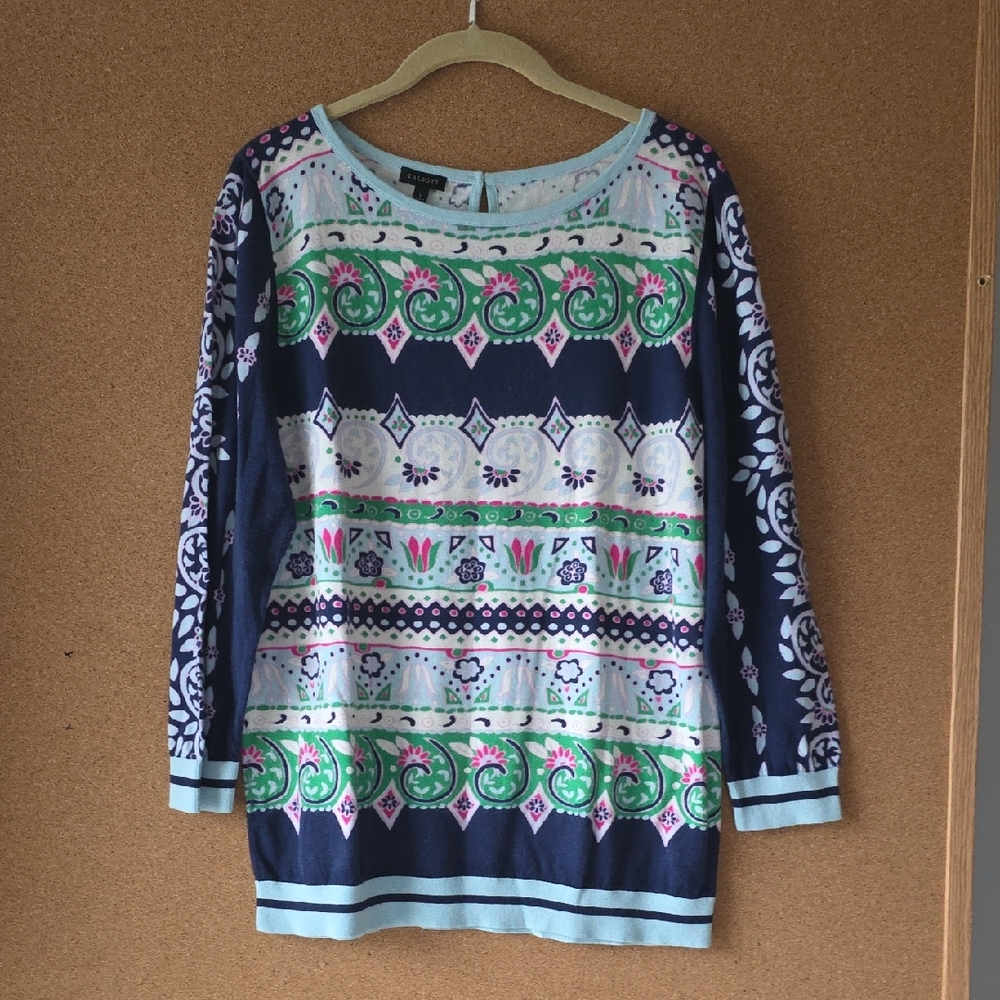 Talbots Floral Spring Cotton Print Top L Long Sleeve Navy Multicolor